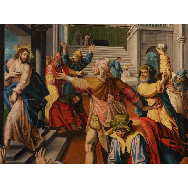 17th Century Workshop of Maarten De Vos, Christ Expelled from the Temple of Jerusalem, 1600, Oil on Canvas For Sale - Image 5 of 14