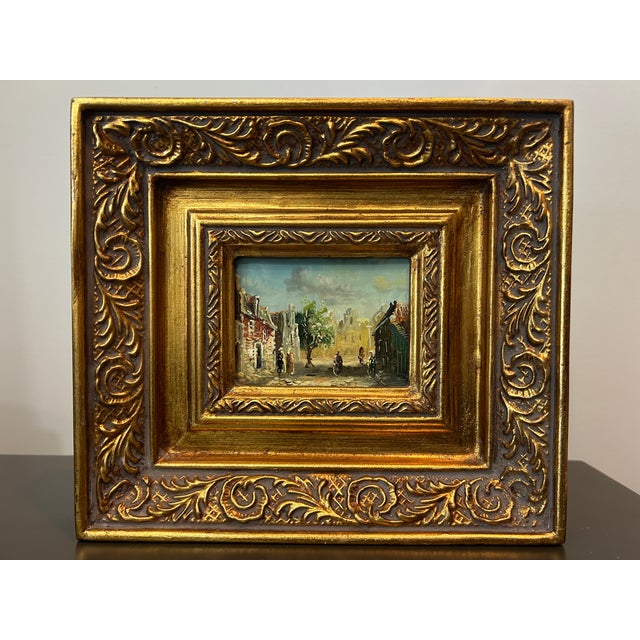 Gold Pair of Vintage European Street Scene Oil Paintings on Board – Miniature Impressionist Art in Ornate Gilt Frames For Sale - Image 8 of 8