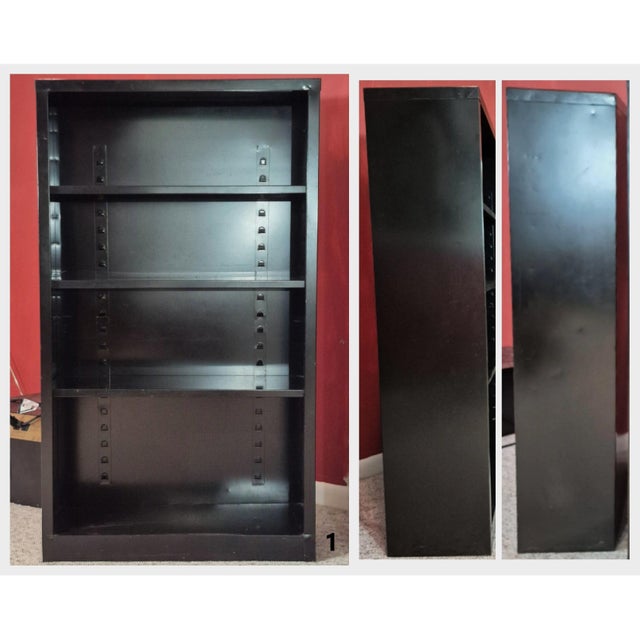 Mid-Century Modern Vintage MCM Industrial Black Steel Tanker Bookcases Book Shelves W/ Adjustable Shelves, Set of 4 For Sale - Image 3 of 18