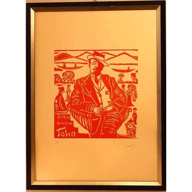 Red monochrome lithograph on ivory paper, 70x50 cm. Print 61/99. Elio Bellora, an artist from Lucca, worked in the 1970s...
