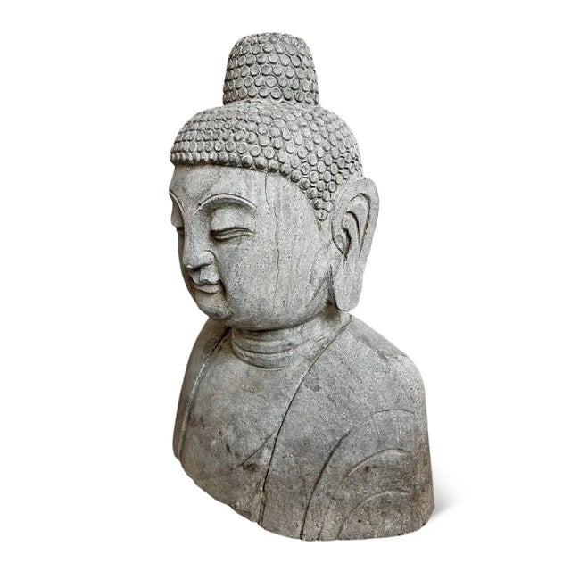 Asian Vintage Stone Garden Buddha Bust Statue For Sale - Image 3 of 6