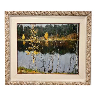 Boris Lavrenko, Black Lake Landscape with a Lake in the Middle of a Forest, 1978, Oil on Canvas For Sale