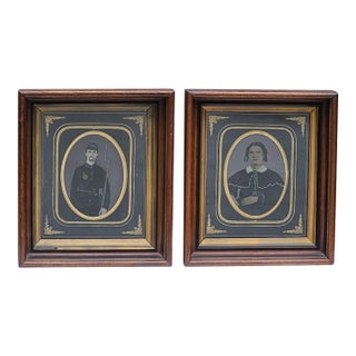 Pair Civil War Tintype Portraits Framed Union Soldier & Victorian Woman 1860s For Sale