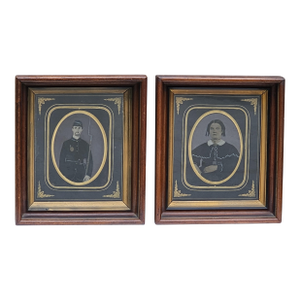 Pair Civil War Tintype Portraits Framed Union Soldier & Victorian Woman 1860s