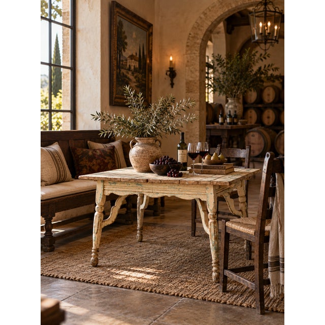 An antique American country table with a substantial plank top, turned legs, and richly worn layers of cream and turquoise...