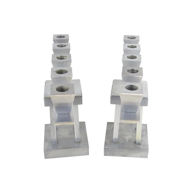 Vintage Art Deco Brushed Aluminum 5-Light Candle Holders - a Pair For Sale - Image 11 of 12