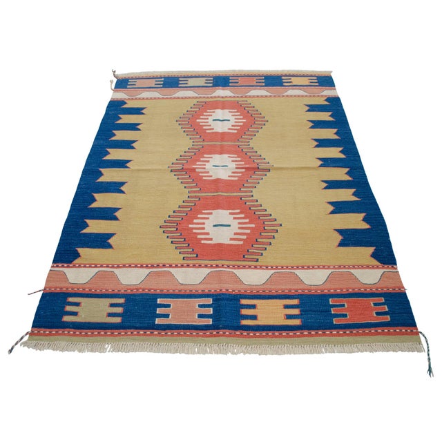 Turkish Rug Hand-Woven Oushak Kilim Rug Vintage but Unused Home Decor - 4'1" X 5'8" For Sale - Image 9 of 12