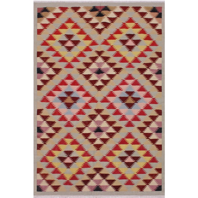 Geometric Kilim Red Hand-Woven Wool Rug -4′8″ × 6′4″ For Sale