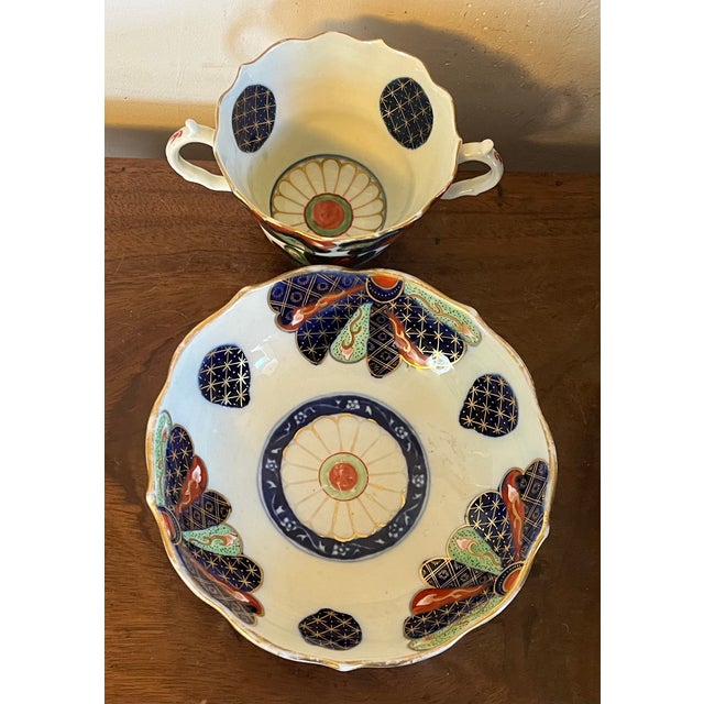 Worcester Porcelain Antique 18th Century Worcester Porcelain Imari Chocolate or Caudle Cup & Saucer in the Japan Fan Pattern Circa 1765 - 1775 For Sale - Image 4 of 16