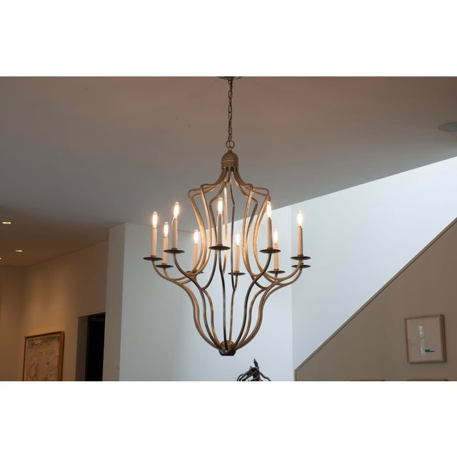 Paul Ferrante Custom Antiqued Silver Leaf 10 Bulb Hand Forged Candelabra For Sale - Image 4 of 9