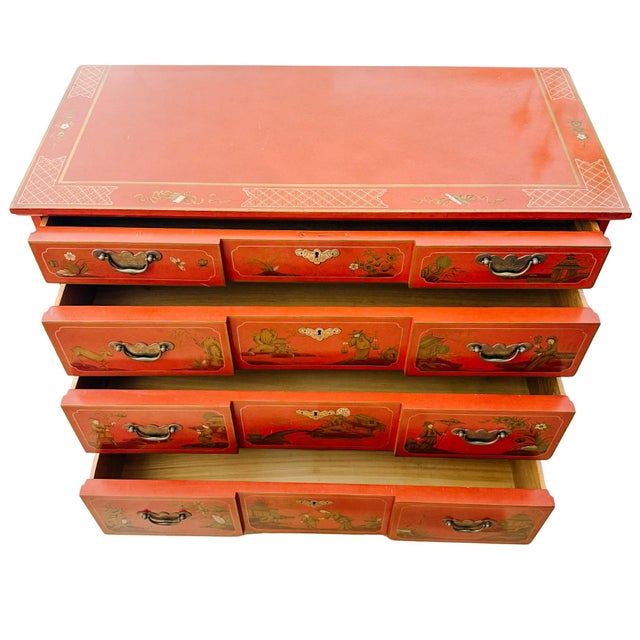 Chinoiserie 1960s Hollywood Regency Chinoiserie Red Lacquered Hand-Painted Chest of Drawers Attributed To Baker Furniture For Sale - Image 3 of 11