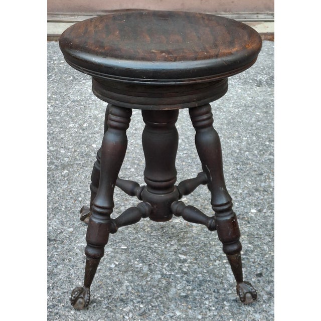 Wood 19th Century Oak Revolving Piano Stools With Glass Ball Claw Feet For Sale - Image 7 of 12