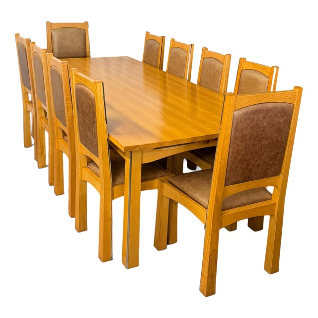 Vintage Ash Dining Suit with Leather, 2000, Set of 10 For Sale