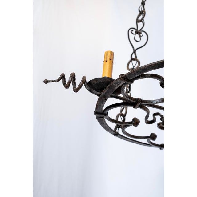 Black Early 20th Century Flat Base Wrought Iron Chandelier For Sale - Image 8 of 9