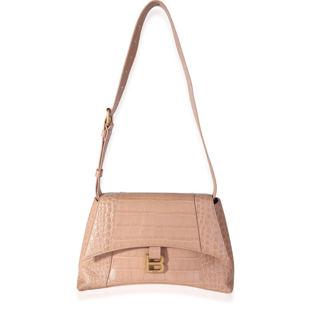 Contemporary Beige Croc Embossed Hourglass Downtown Shoulder Bag For Sale - Image 3 of 9