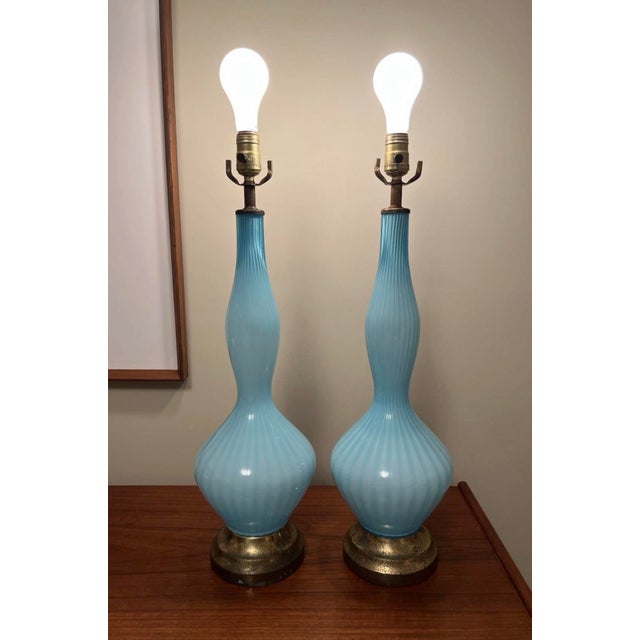 Vintage Murano Glass Lamps Barovier Taso Turquoise Blue Mid-Century Modern 1950s-60s For Sale - Image 6 of 12