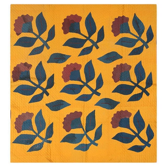 Textile 1920s Yellow Floral American Amish Quilt Rug 6' X 6'6" Flatweave Cotton Carpet For Sale - Image 7 of 18