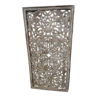 Farmhouse Style Carved Solid Wood Lattice Fretwork 30" X 59" Distressed Gray Wall Hanging For Sale