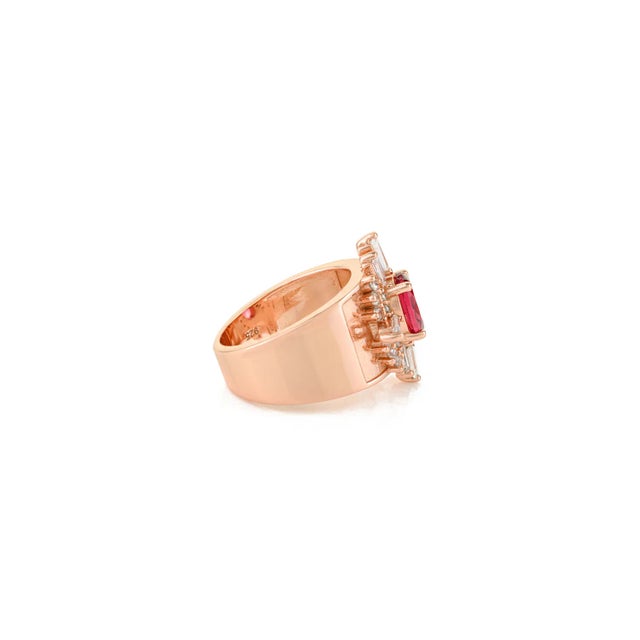 Metal Rose Gold Finish Silver Ring With Red Cubic Zirconia & Clear Cz Halo - Size 6 For Sale - Image 7 of 9