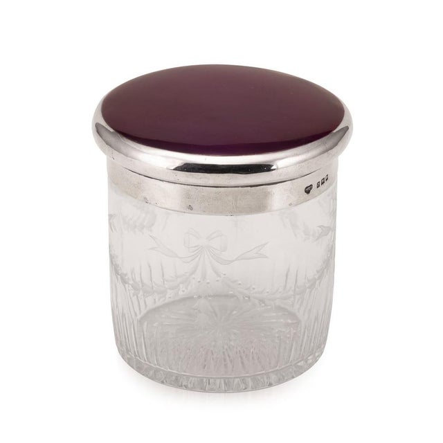 Antique 20th century english solid silver & cut crystal jar with purple guilloché enamel applied the lid. The etched glass...
