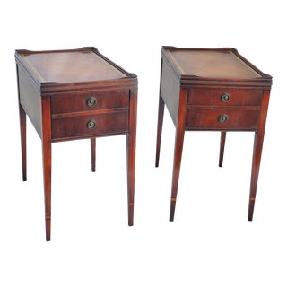 Vintage Pair Mahogany Stickley Night Stands / End Tables With Leather Embossed Tops Circa 1940's For Sale