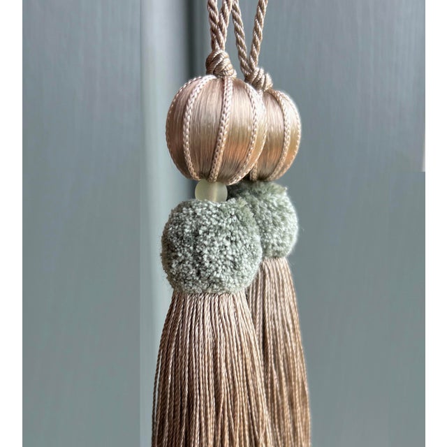 French Provincial Aqua and Taupe Satin Beaded Key Tassel With Cut Velvet Detail For Sale - Image 3 of 17