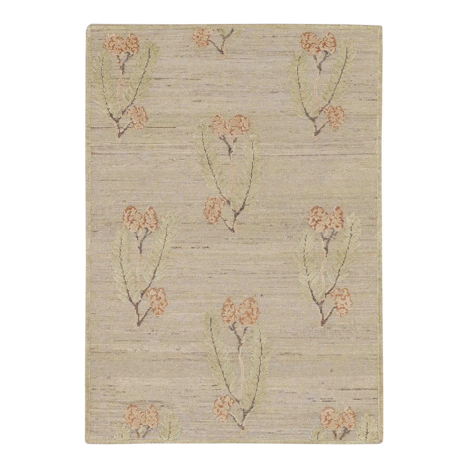 Rug & Kilim’s Block Print Rug With Green, Orange & Beige-Brown Floral ...
