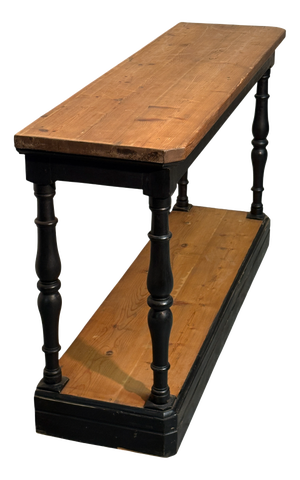 Antique Console Table in Black Lacquered Fir Wood with Turned Legs, 1890s