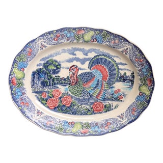 Large Vintage Turkey Transferware Thanksgiving Serving Platter With Fruit Border For Sale