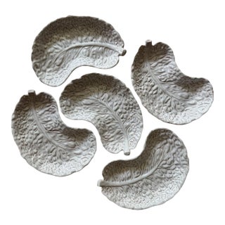 Vintage Ed Langbein White Cabbage Leaf Bowls: Majolica Salad Set, Italy, 5 Bowls For Sale