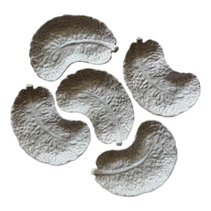 Vintage Ed Langbein White Cabbage Leaf Bowls: Majolica Salad Set, Italy, 5 Bowls