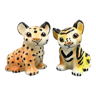 Vintage Shafford Japan Ceramic Leopard & Tiger Cub Figurines — Hand-Painted Pair — Hollywood Regency / Whimsical For Sale