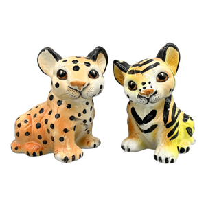 Vintage Shafford Japan Ceramic Leopard & Tiger Cub Figurines — Hand-Painted Pair — Hollywood Regency / Whimsical