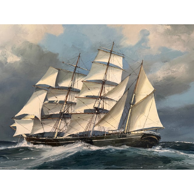 Nautical Vintage Large Framed Oil Painting Sailing Ship by Bernard Laarhoven For Sale - Image 3 of 7