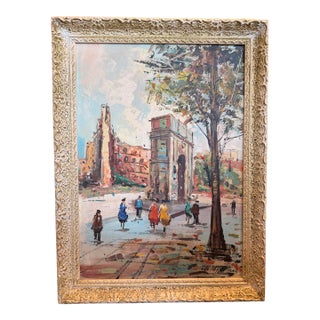 Paris Scene, Oil on Canvas in Vintage Wood Frame For Sale
