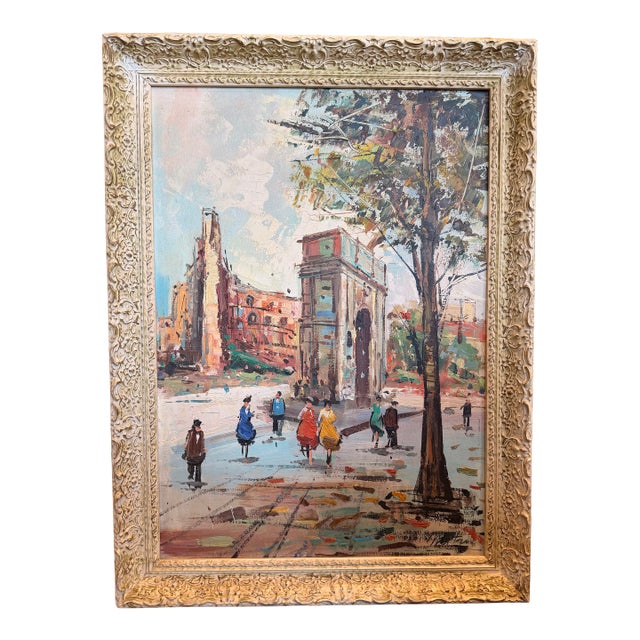 Paris Scene, Oil on Canvas in Vintage Wood Frame For Sale