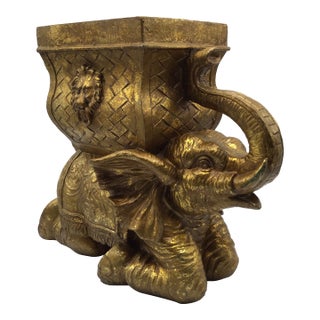 Vintage Elephant Figurine Cache Pot Planter Chinoiserie Decor Gilt Bronze For Sale