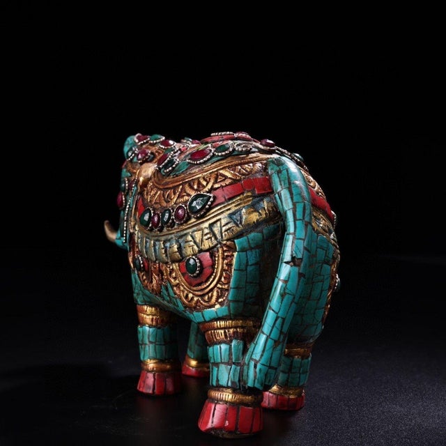 Late 20th Century Vintage Himalayan Bronze Elephant Statue With Turquoise & Gemstone Inlay For Sale - Image 5 of 9