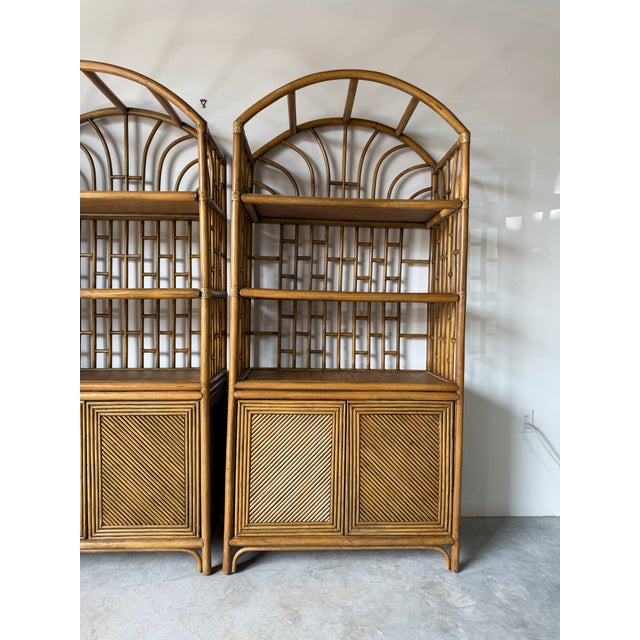 1970's Vintage Palm Beach Regency Arched Rattan Étagères With Cabinets – A Pair For Sale - Image 4 of 16