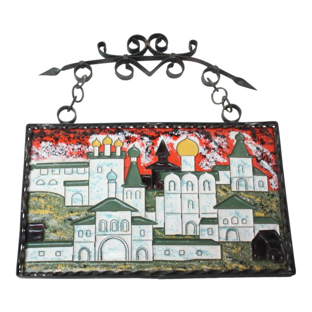 Vintage Russian Enamel on Copper Cityscape For Sale