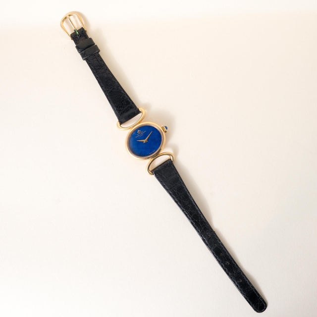 1970s Vintage Baume & Mercier Ladies Lapis Lazuli Dial Wristwatch 18k Yellow Gold For Sale - Image 5 of 8