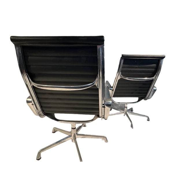Mid-Century Modern Vintage Eames Lounge Chairs Pair Black Leather Post 1985 For Sale - Image 3 of 8