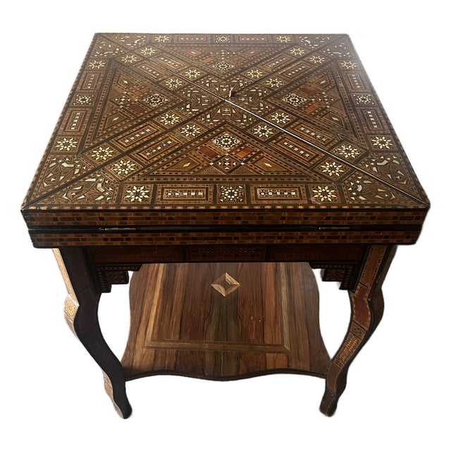 Early 20th Century Hand Crafted Anglo-Indian or Inlaid Syrian Marquetry & Mother of Pearl Game Table Backgammon, Chess, Checkers For Sale