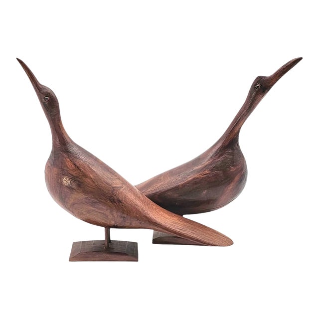 Mid Century Modern Hand Carved Wood Shorebird Sculptures Folk Art Pair American For Sale
