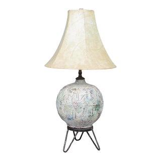 Mid-Century Pottery Table Lamp on Hairpin Legs, in Neutral Tones With Carved Figural Motif For Sale