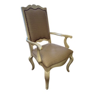 Century Furniture Ladderback Arm Accent Chair in Distressed Ivory Finish, With Custom Upholstered Contrast Fabric and Decorative Welt Details. For Sale