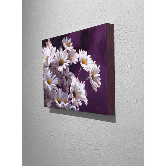 Contemporary Joyful Daisies by Tracy Wall | Oil on canvas White daisies against a dark purple background For Sale - Image 3 of 5