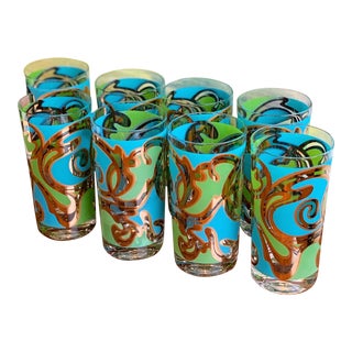 1960s 22k Pasinski Groovy Green & Blue ‘Lava Lamp’ Highball Glasses- Set of 8 For Sale