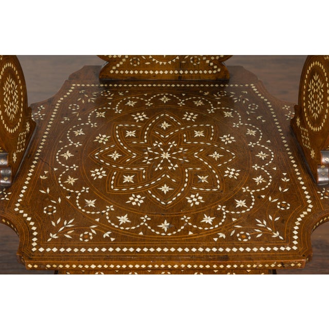 Moroccan Richly Inlaid Armchair with Carved Back and Scrolling Arms, circa 1900 For Sale - Image 10 of 12