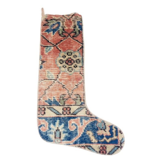 Rich Coral Medallion Vintage Kilim Christmas Stocking, Navy Border Wool, 11.8 X 17.7 in – One of a Kind Turkish Decor For Sale - Image 6 of 6